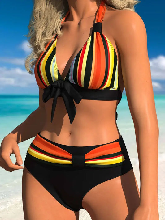 CM | Bikini de tirantes con estampado de rayas de colores y cordón de ajuste